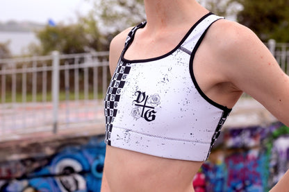 "Damnaged Checkers" Padded Sports Bra